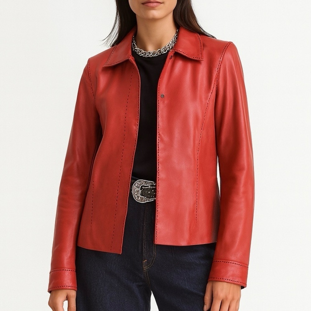 Red Leather Shacket Black Accent Stitches Transition Blazer VTG Leather Jacket 8